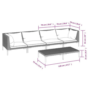 5-tlg. Garten-Lounge-Set mit Kissen Poly Rattan Dunkelgrau