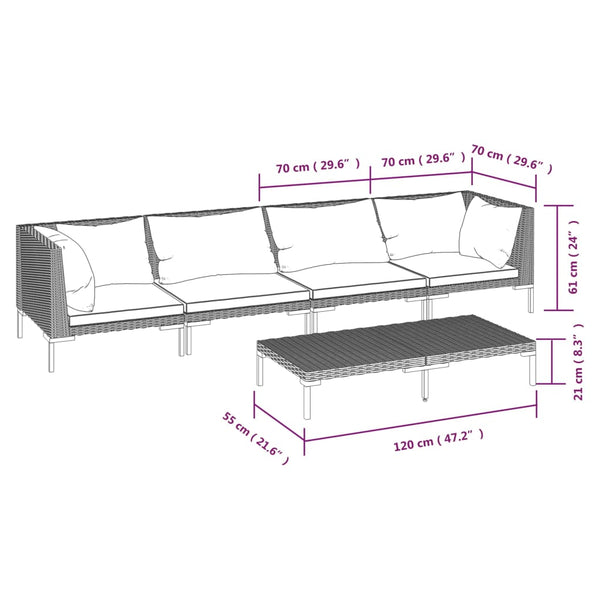 5-tlg. Garten-Lounge-Set mit Kissen Poly Rattan Dunkelgrau