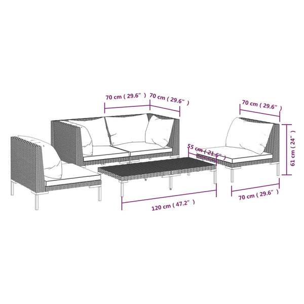 5-tlg. Garten-Lounge-Set mit Kissen Poly Rattan Dunkelgrau