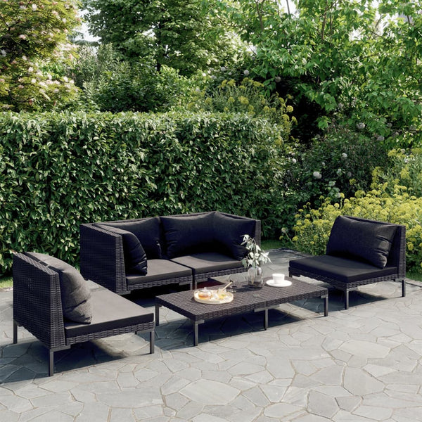 5-tlg. Garten-Lounge-Set mit Kissen Poly Rattan Dunkelgrau