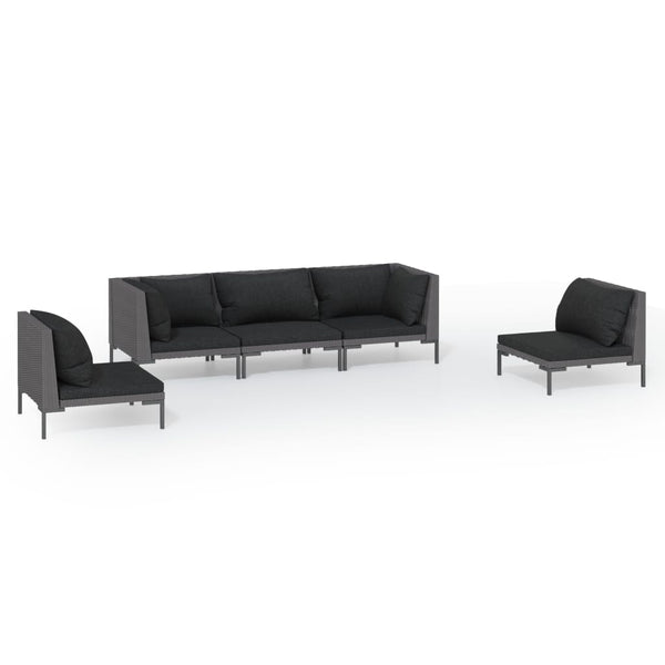 5-tlg. Garten-Lounge-Set mit Kissen Poly Rattan Dunkelgrau