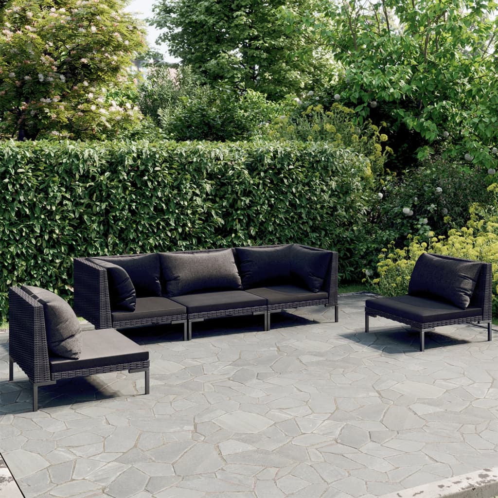5-tlg. Garten-Lounge-Set mit Kissen Poly Rattan Dunkelgrau