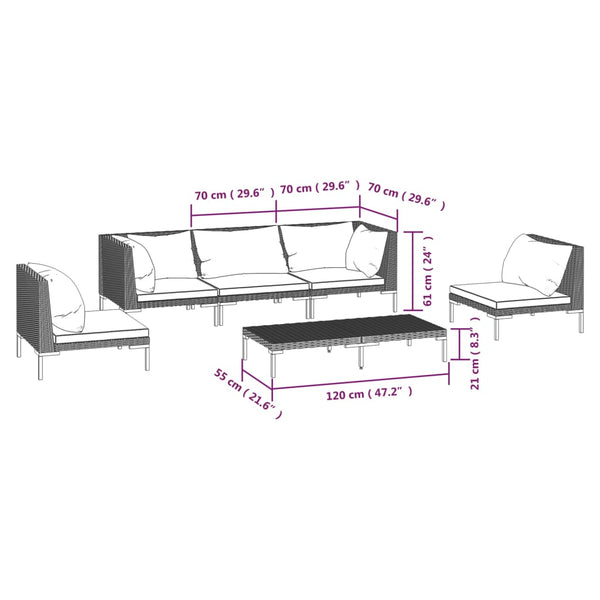 6-tlg. Garten-Lounge-Set mit Kissen Poly Rattan Dunkelgrau