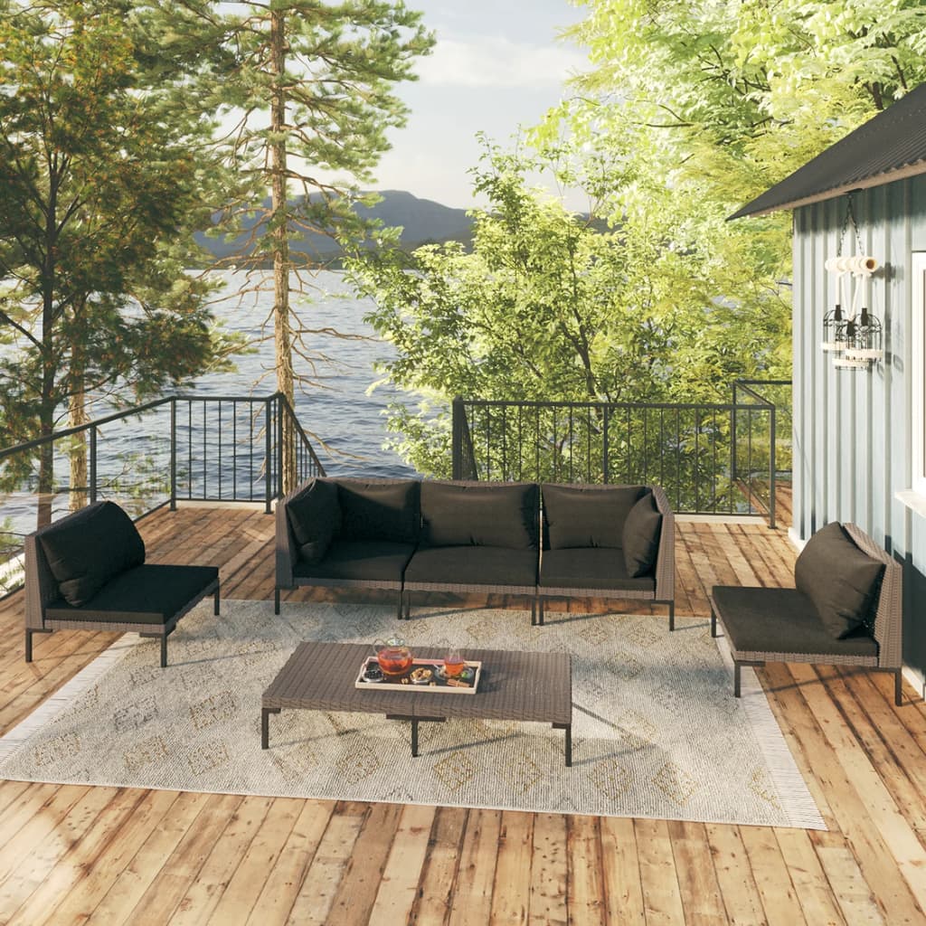 6-tlg. Garten-Lounge-Set mit Kissen Poly Rattan Dunkelgrau