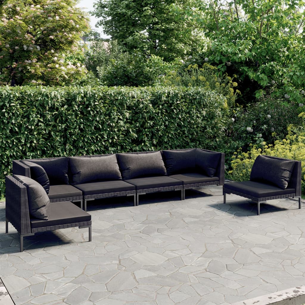 6-tlg. Garten-Lounge-Set mit Kissen Poly Rattan Dunkelgrau