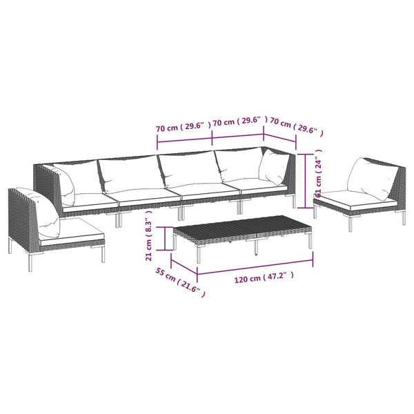 7-tlg. Garten-Lounge-Set mit Kissen Poly Rattan Dunkelgrau