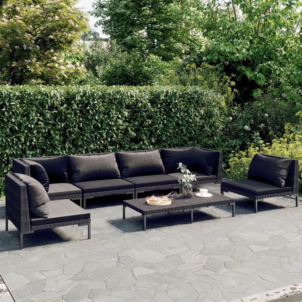 7-tlg. Garten-Lounge-Set mit Kissen Poly Rattan Dunkelgrau