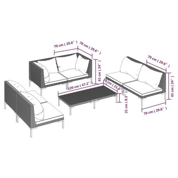 7-tlg. Garten-Lounge-Set mit Kissen Poly Rattan Dunkelgrau