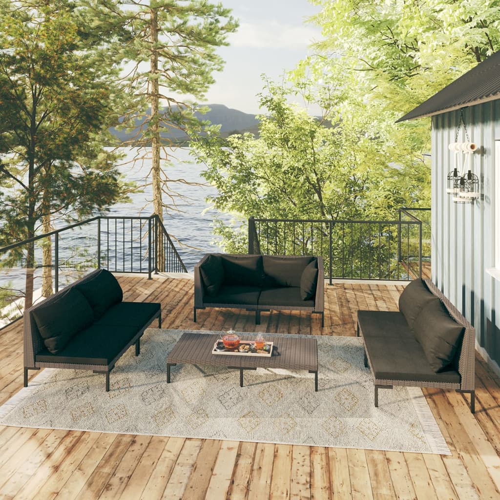 7-tlg. Garten-Lounge-Set mit Kissen Poly Rattan Dunkelgrau