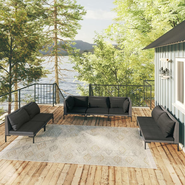 7-tlg. Garten-Lounge-Set mit Kissen Poly Rattan Dunkelgrau