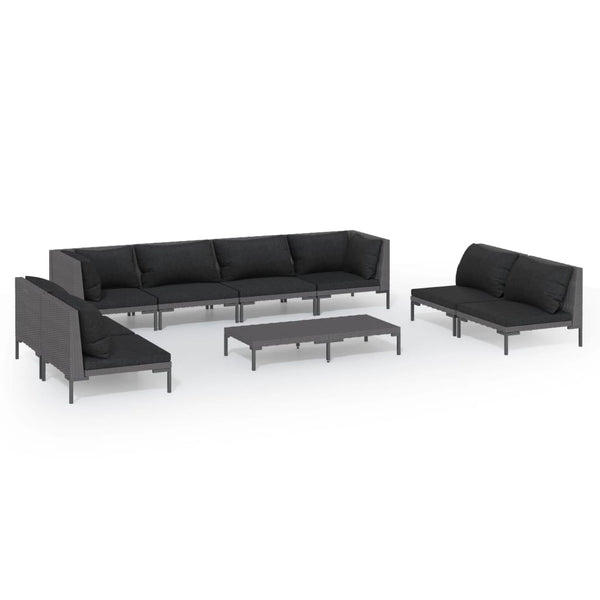 9-tlg. Garten-Lounge-Set mit Kissen Poly Rattan Dunkelgrau