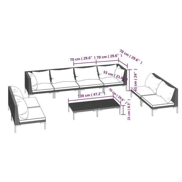 9-tlg. Garten-Lounge-Set mit Kissen Poly Rattan Dunkelgrau