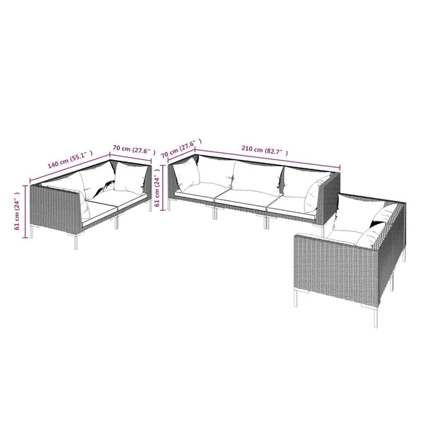 7-tlg. Garten-Lounge-Set mit Kissen Poly Rattan Dunkelgrau
