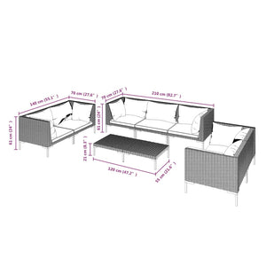 8-tlg. Garten-Lounge-Set mit Kissen Poly Rattan Dunkelgrau