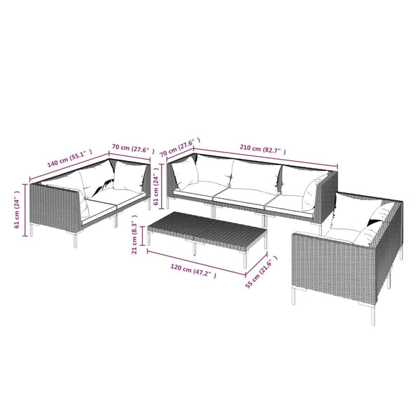 8-tlg. Garten-Lounge-Set mit Kissen Poly Rattan Dunkelgrau