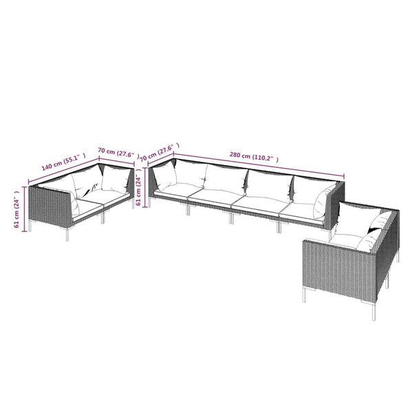 8-tlg. Garten-Lounge-Set mit Kissen Poly Rattan Dunkelgrau