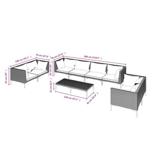 9-tlg. Garten-Lounge-Set mit Kissen Poly Rattan Dunkelgrau
