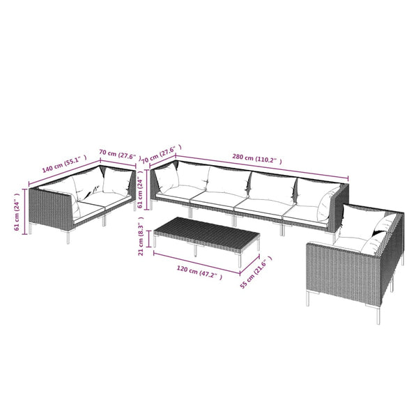 9-tlg. Garten-Lounge-Set mit Kissen Poly Rattan Dunkelgrau