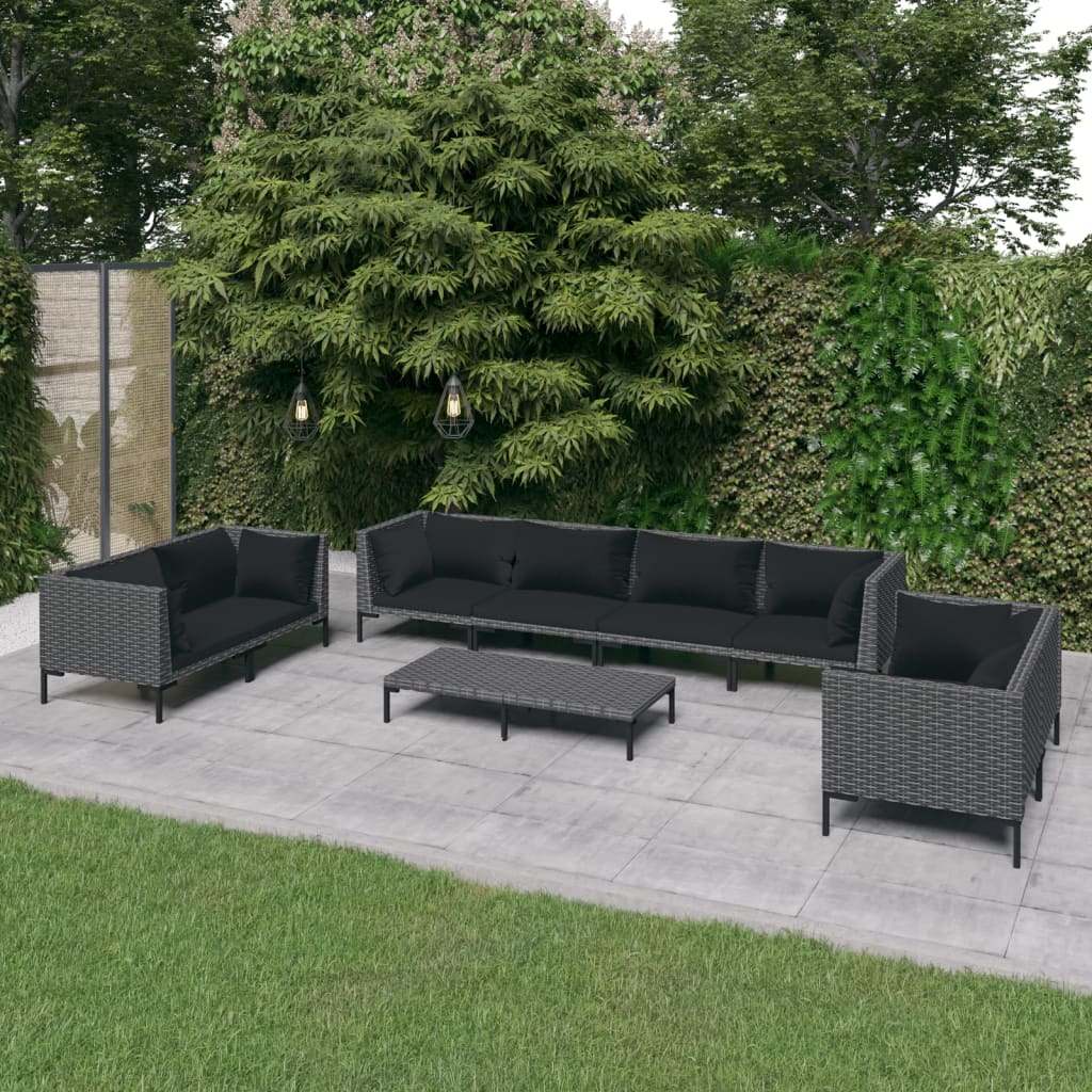 9-tlg. Garten-Lounge-Set mit Kissen Poly Rattan Dunkelgrau