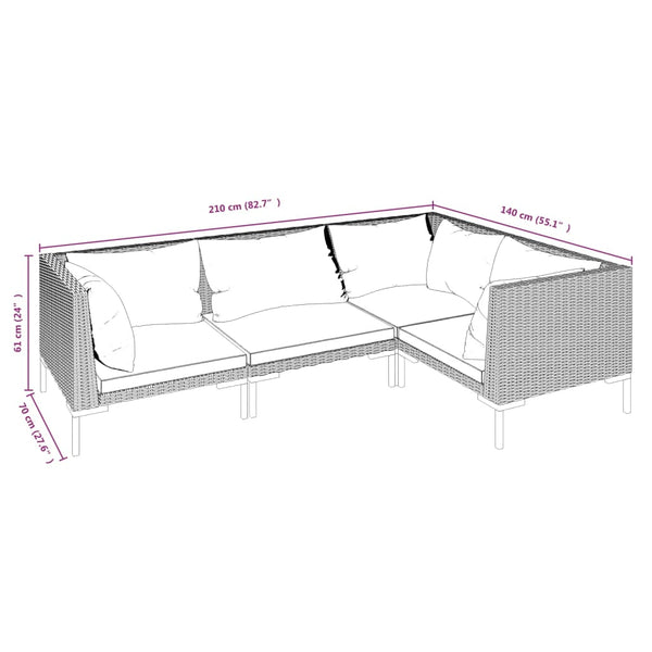 4-tlg. Garten-Lounge-Set mit Kissen Poly Rattan Dunkelgrau