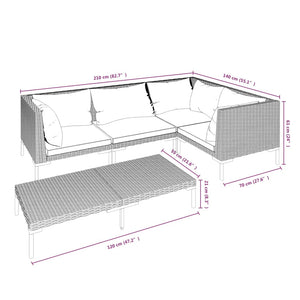 5-tlg. Garten-Lounge-Set mit Kissen Poly Rattan Dunkelgrau