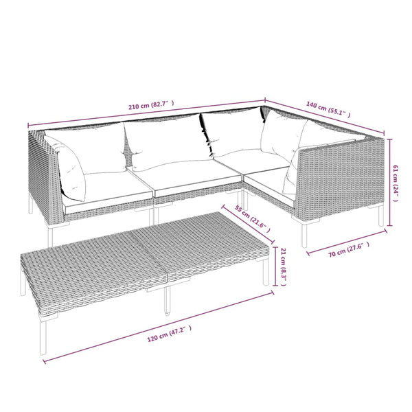 5-tlg. Garten-Lounge-Set mit Kissen Poly Rattan Dunkelgrau