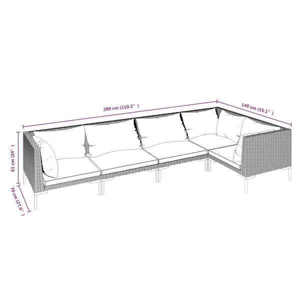 5-tlg. Garten-Lounge-Set mit Kissen Poly Rattan Dunkelgrau
