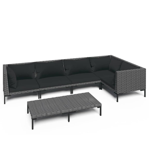 6-tlg. Garten-Lounge-Set mit Kissen Poly Rattan Dunkelgrau