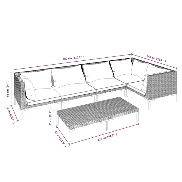 6-tlg. Garten-Lounge-Set mit Kissen Poly Rattan Dunkelgrau