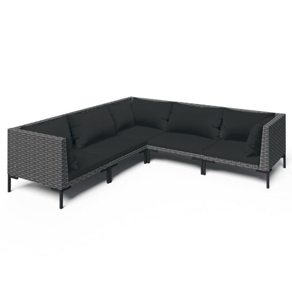 5-tlg. Garten-Lounge-Set mit Kissen Poly Rattan Dunkelgrau