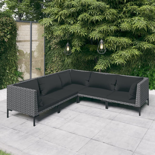 5-tlg. Garten-Lounge-Set mit Kissen Poly Rattan Dunkelgrau
