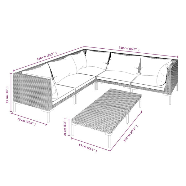6-tlg. Garten-Lounge-Set mit Kissen Poly Rattan Dunkelgrau