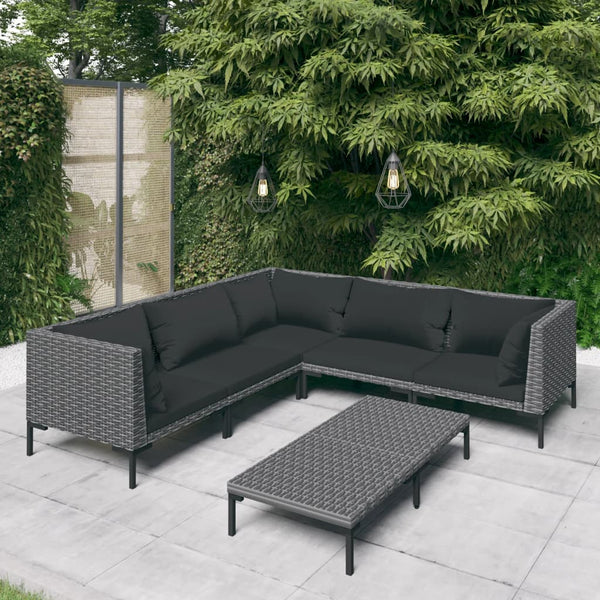 6-tlg. Garten-Lounge-Set mit Kissen Poly Rattan Dunkelgrau