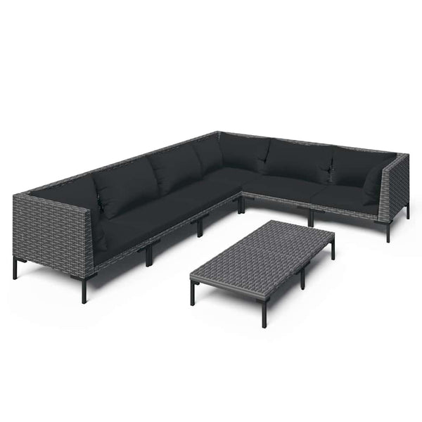 7-tlg. Garten-Lounge-Set mit Kissen Poly Rattan Dunkelgrau