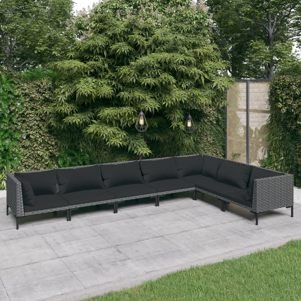 7-tlg. Garten-Lounge-Set mit Kissen Poly Rattan Dunkelgrau