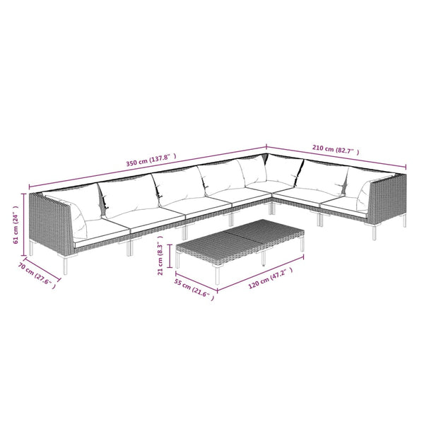 8-tlg. Garten-Lounge-Set mit Kissen Poly Rattan Dunkelgrau