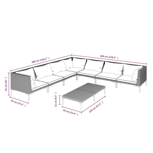 8-tlg. Garten-Lounge-Set mit Kissen Poly Rattan Dunkelgrau