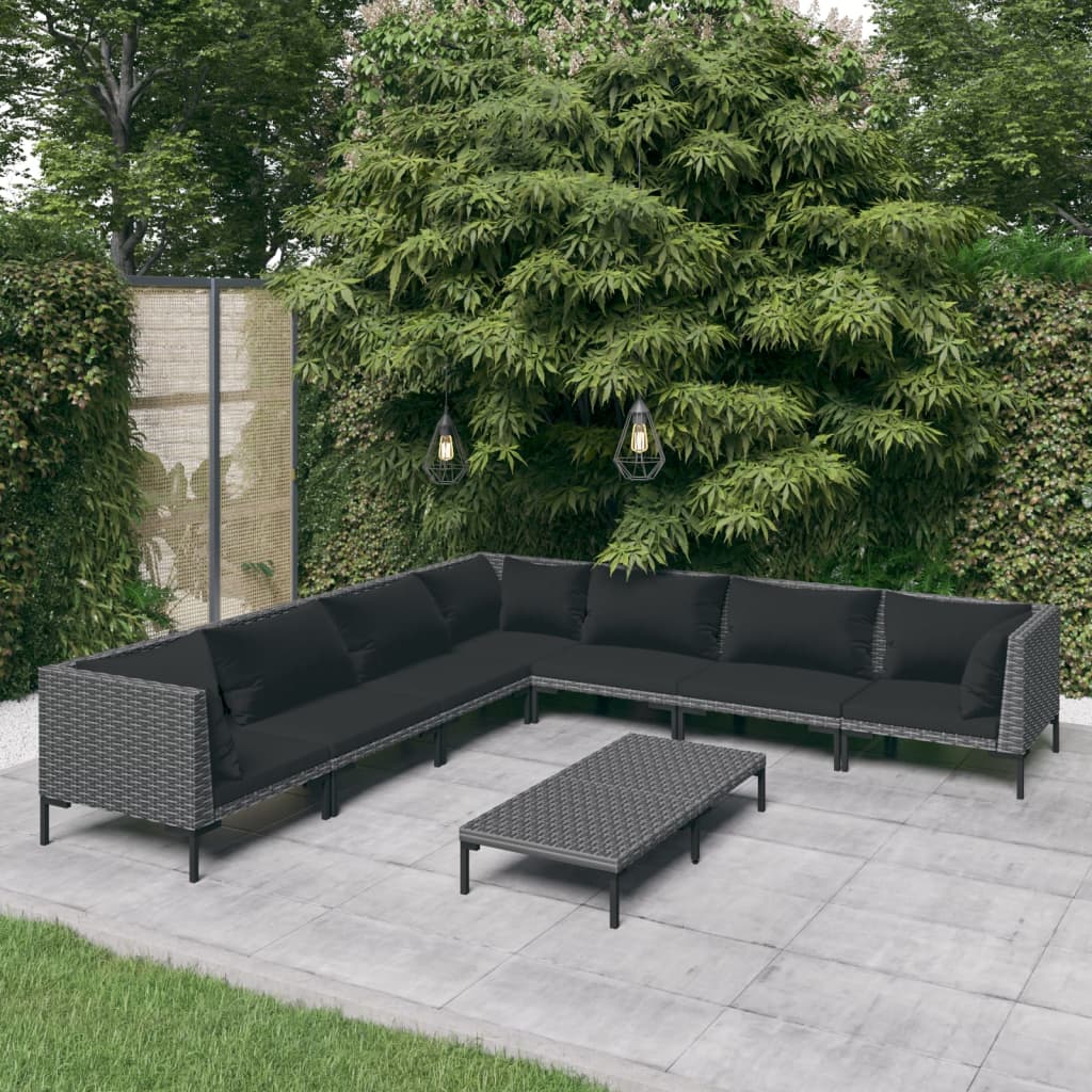8-tlg. Garten-Lounge-Set mit Kissen Poly Rattan Dunkelgrau