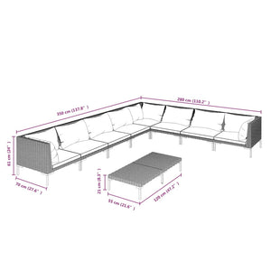 9-tlg. Garten-Lounge-Set mit Kissen Poly Rattan Dunkelgrau