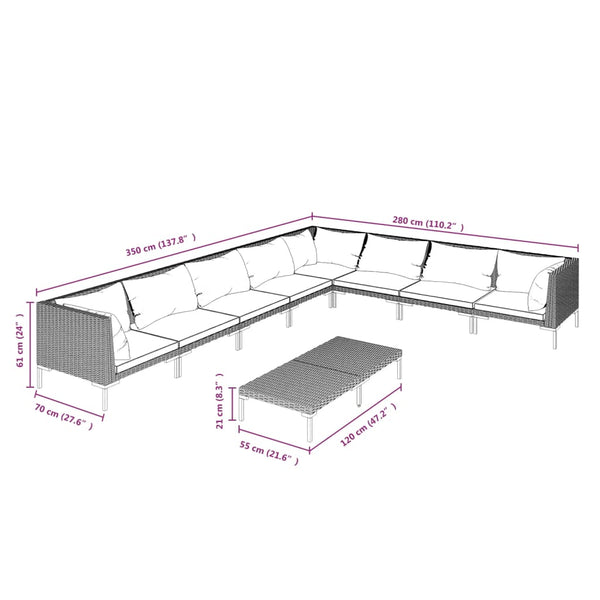 9-tlg. Garten-Lounge-Set mit Kissen Poly Rattan Dunkelgrau