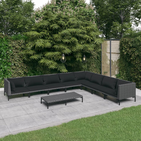 9-tlg. Garten-Lounge-Set mit Kissen Poly Rattan Dunkelgrau