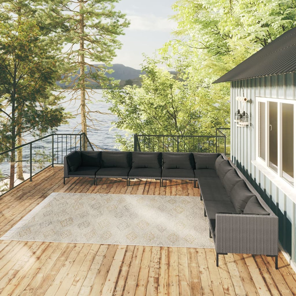 vidaXL Salon de jardin 9 pcs avec coussins résine tressée Gris foncé