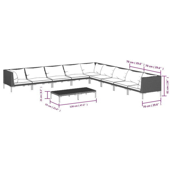 10-tlg. Garten-Lounge-Set mit Kissen Poly Rattan Dunkelgrau