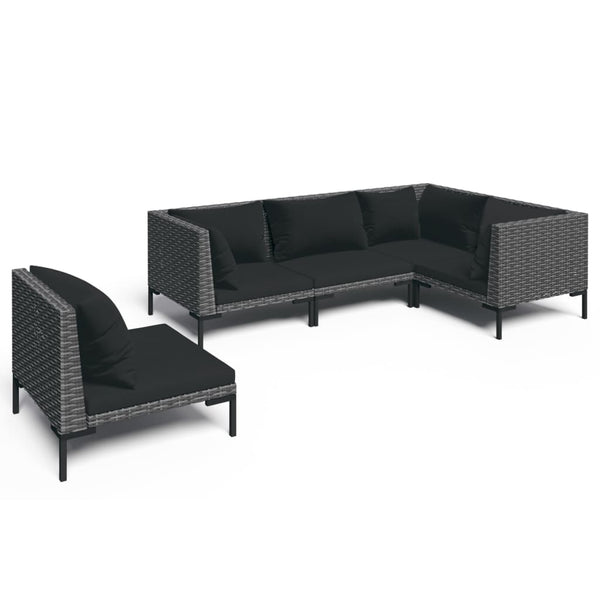 5-tlg. Garten-Lounge-Set mit Kissen Poly Rattan Dunkelgrau