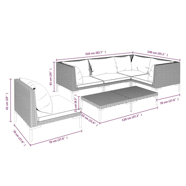 6-tlg. Garten-Lounge-Set mit Kissen Poly Rattan Dunkelgrau