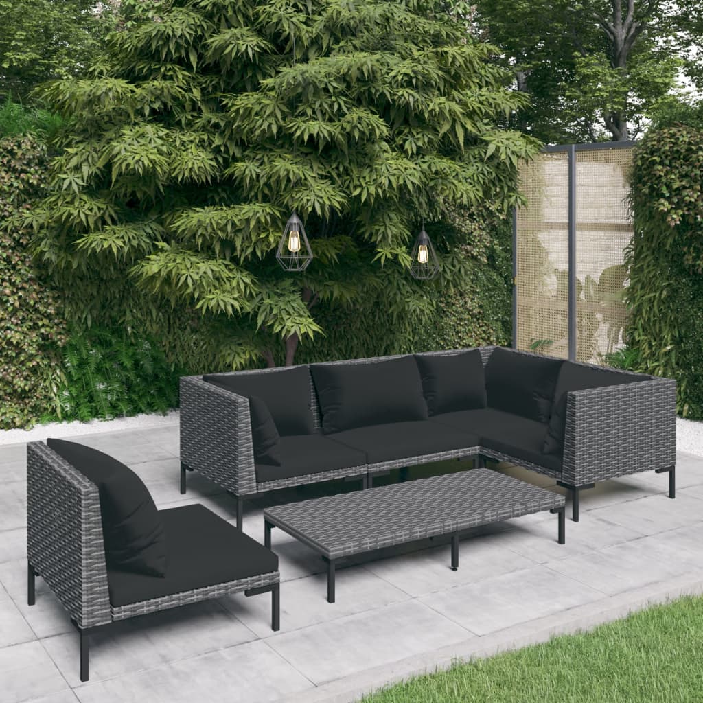 6-tlg. Garten-Lounge-Set mit Kissen Poly Rattan Dunkelgrau