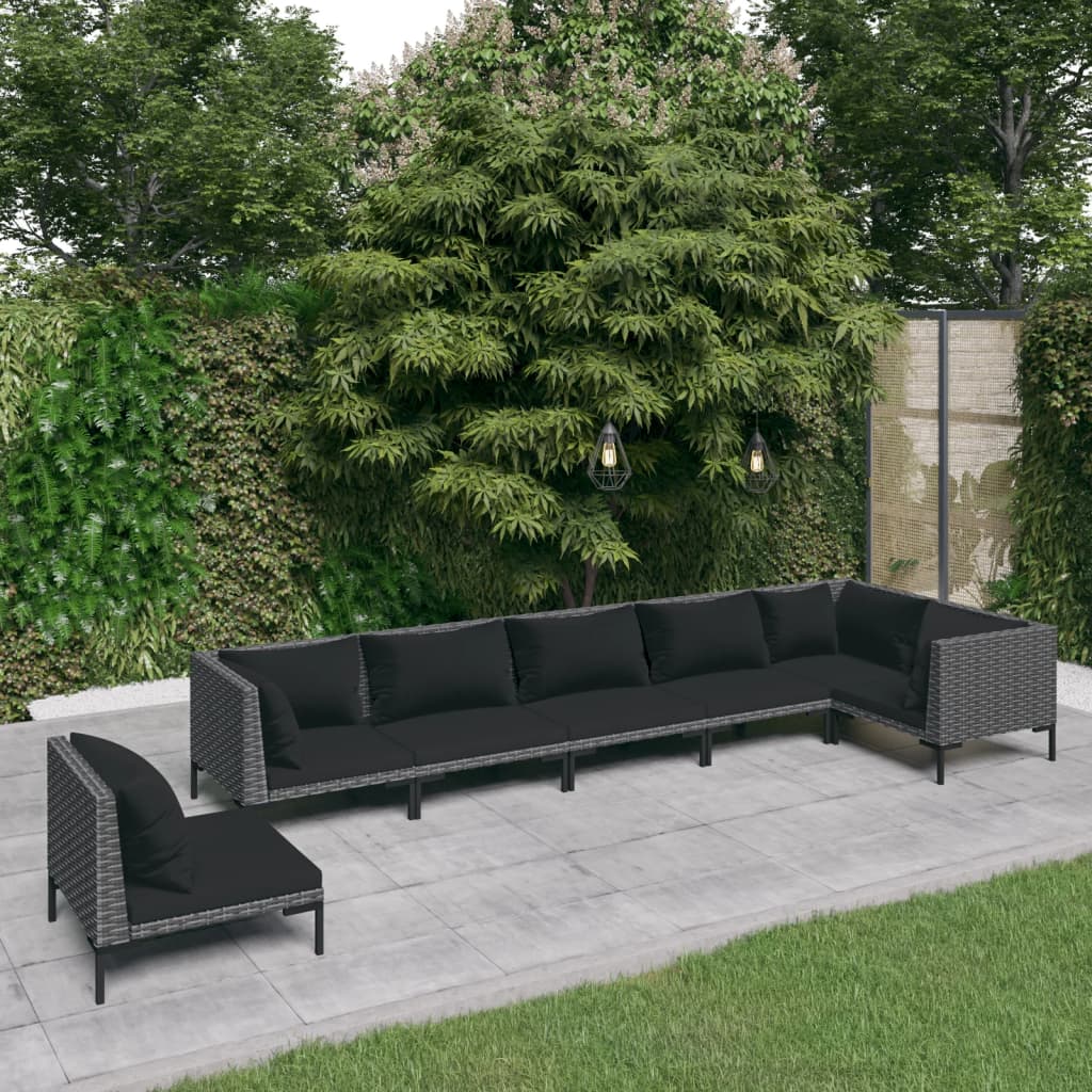 7-tlg. Garten-Lounge-Set mit Kissen Poly Rattan Dunkelgrau