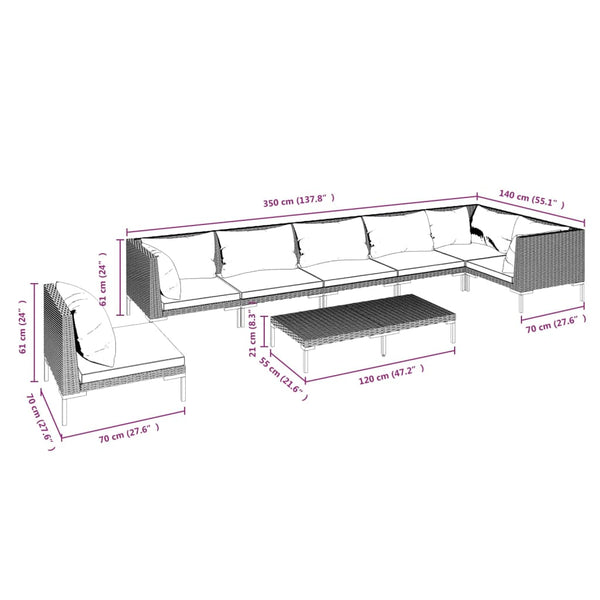 8-tlg. Garten-Lounge-Set mit Kissen Poly Rattan Dunkelgrau