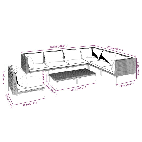 8-tlg. Garten-Lounge-Set mit Kissen Poly Rattan Dunkelgrau