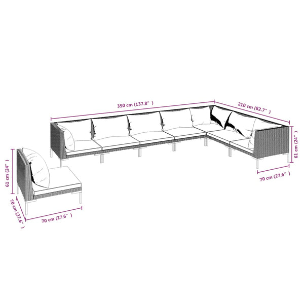 8-tlg. Garten-Lounge-Set mit Kissen Poly Rattan Dunkelgrau